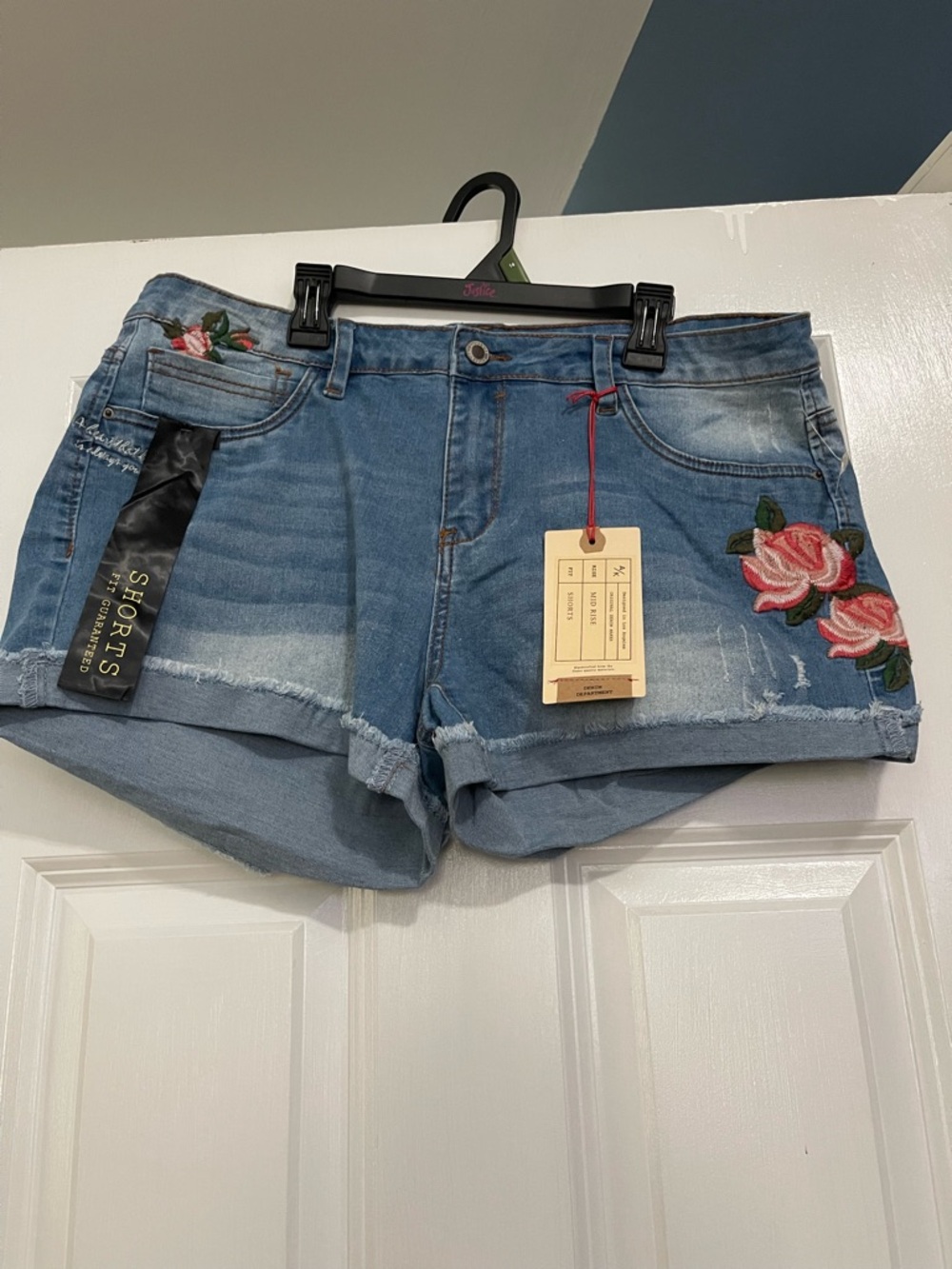 Angel Kiss Light Blue Denim Shorts with Pink Rose Embroidery